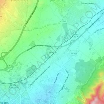 Carte topographique l'Almafrà, altitude, relief