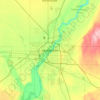 Carte topographique Saskatoon, altitude, relief