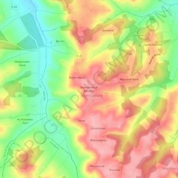 Carte topographique Bourdettes et Moulins, altitude, relief