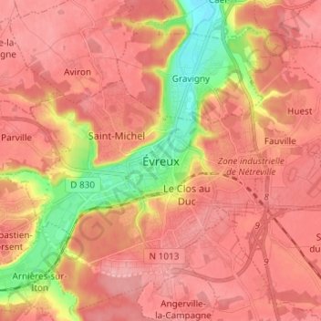 Carte topographique Évreux, altitude, relief