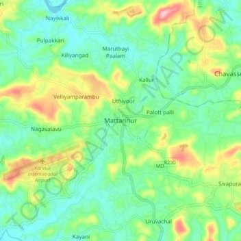 Carte topographique Mattannur, altitude, relief