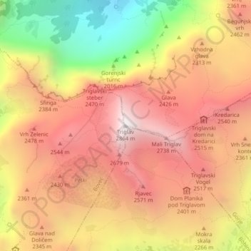 Carte topographique Tricorno, altitude, relief