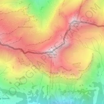 Carte topographique Tschingel, altitude, relief