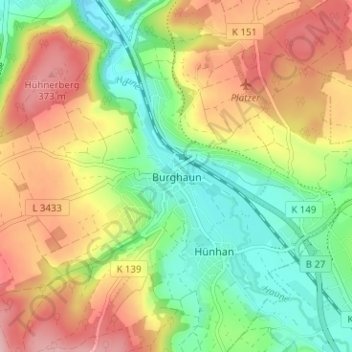 Carte topographique Burghaun, altitude, relief