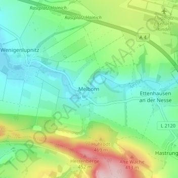 Carte topographique Melborn, altitude, relief