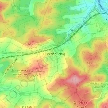 Carte topographique Dürrenbüchig, altitude, relief