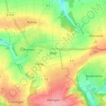 Carte topographique Ense, altitude, relief