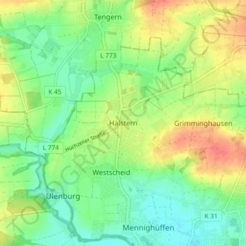 Carte topographique Halstern, altitude, relief
