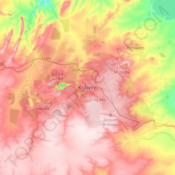 Carte topographique Kolwezi, altitude, relief