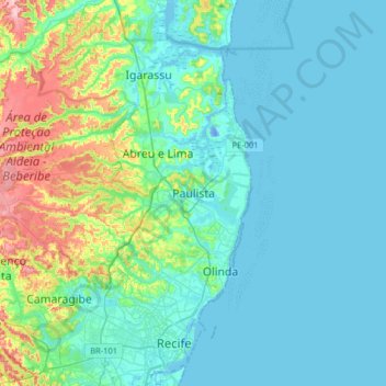 Carte topographique Paulista, altitude, relief