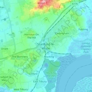 Carte topographique Stanford-le-Hope, altitude, relief