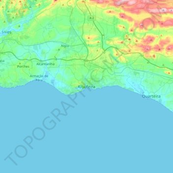 Carte topographique Albufeira, altitude, relief