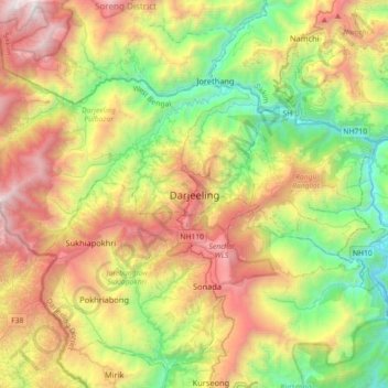 Carte topographique Darjeeling, altitude, relief