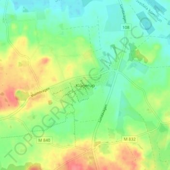 Carte topographique Klågerup, altitude, relief