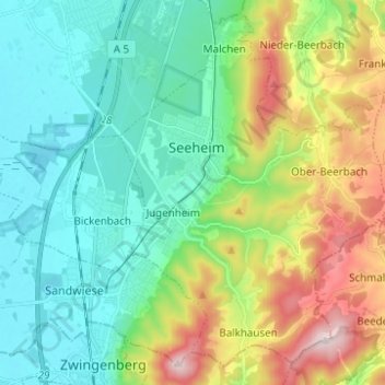 Carte topographique Seeheim-Jugenheim, altitude, relief