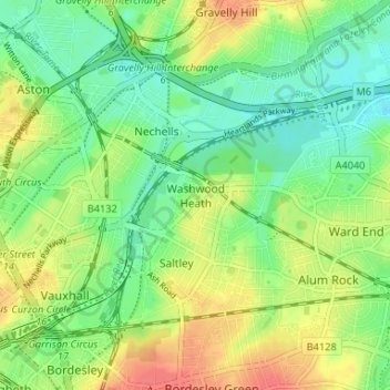 Carte topographique Washwood Heath, altitude, relief
