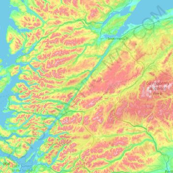 Carte topographique Comté d'Inverness, altitude, relief