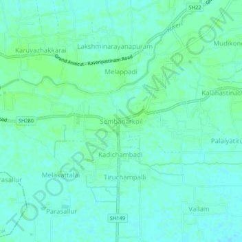 Carte topographique Sembanarkoil, altitude, relief