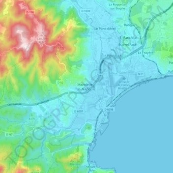 Carte topographique Mandelieu-la-Napoule, altitude, relief