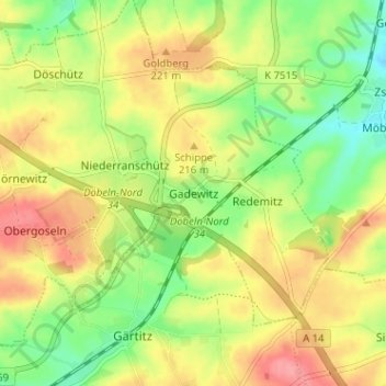 Carte topographique Gadewitz, altitude, relief