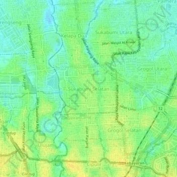 Carte topographique Sukabumi Selatan, altitude, relief