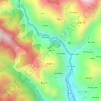 Carte topographique Kumali, altitude, relief