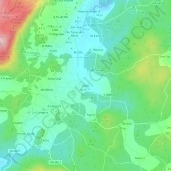 Carte topographique Cores, altitude, relief