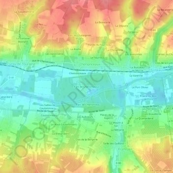 Carte topographique Parc de Chenonceaux, altitude, relief