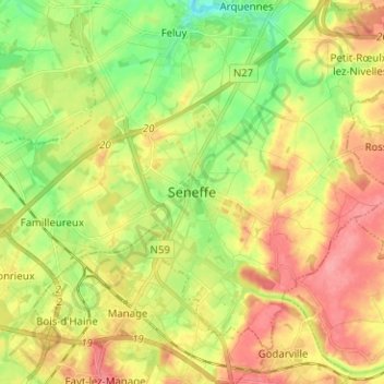 Carte topographique Seneffe, altitude, relief