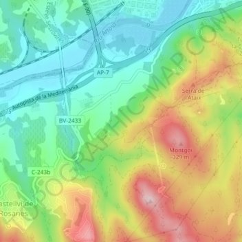 Carte topographique Riba Roja, altitude, relief