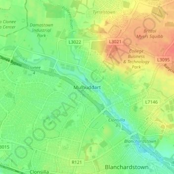Carte topographique Mulhuddart, altitude, relief
