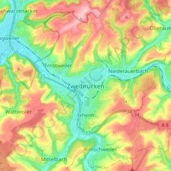 Carte topographique Zweibrücken, altitude, relief