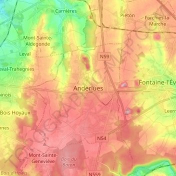 Carte topographique Anderlues, altitude, relief