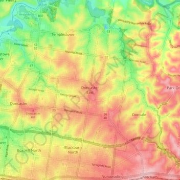 Carte topographique Doncaster East, altitude, relief