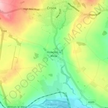 Carte topographique Howden le Wear, altitude, relief