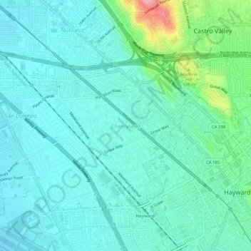 Carte topographique Cherryland, altitude, relief