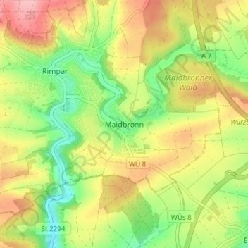 Carte topographique Maidbronn, altitude, relief
