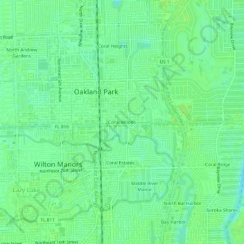 Carte topographique Coral Woods, altitude, relief