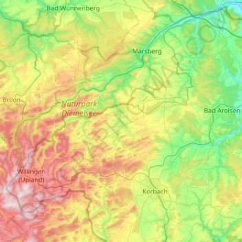 Carte topographique Diemelsee, altitude, relief