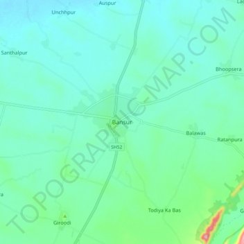 Carte topographique Bansur, altitude, relief