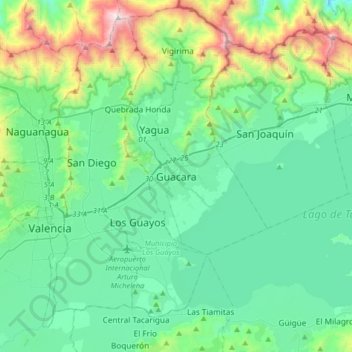 Carte topographique Guacara, altitude, relief