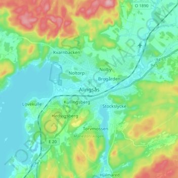 Carte topographique Alingsås, altitude, relief