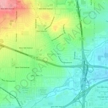 Carte topographique Western Hills, altitude, relief