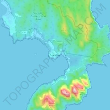 Carte topographique Coles Bay, altitude, relief