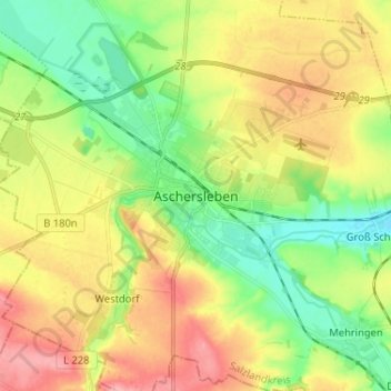 Carte topographique Aschersleben, altitude, relief