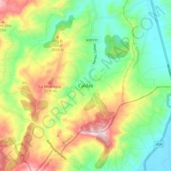 Carte topographique Caldas, altitude, relief