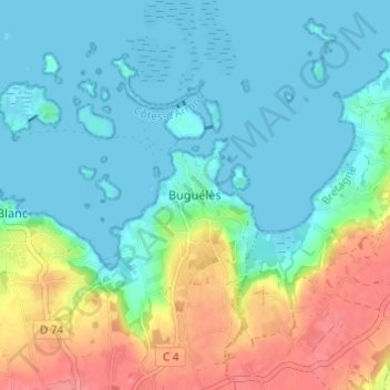 Carte topographique Buguélès, altitude, relief