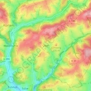 Carte topographique Olpe, altitude, relief