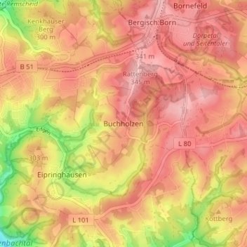 Carte topographique Buchholzen, altitude, relief