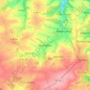 Carte topographique Oberjahna, altitude, relief